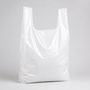 Witte plastic draagtas met hengsels, gefotografeerd op een lichte achtergrond in een minimalistische setting